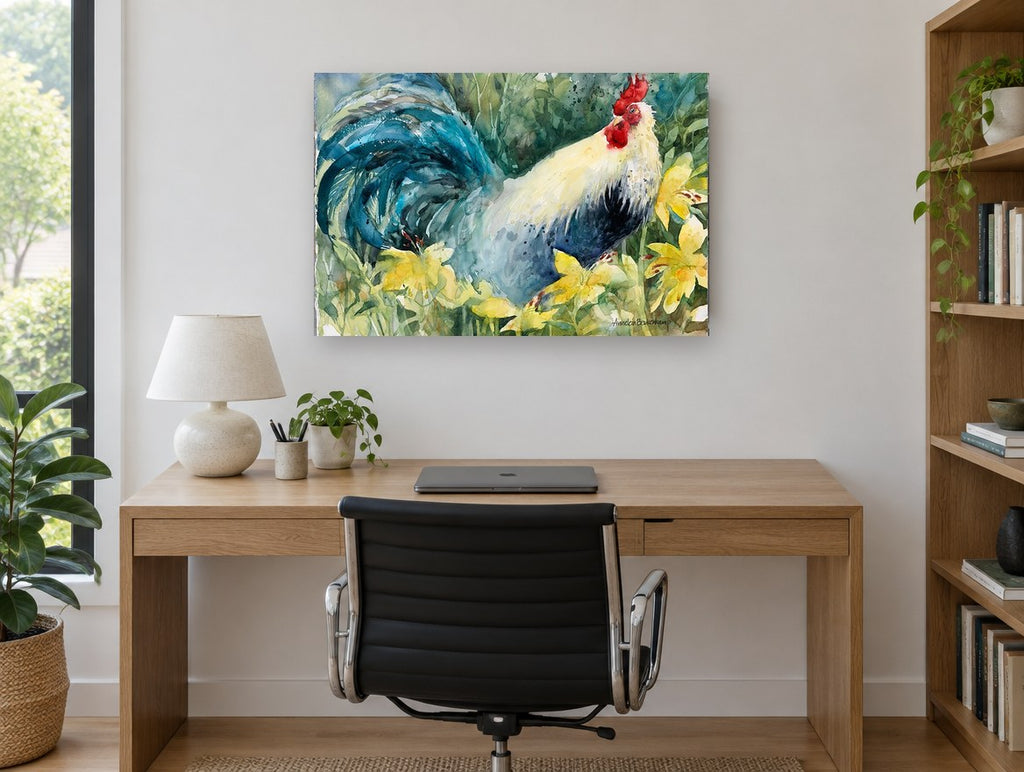 Rooster in the Daylilies floral canvas print on the wall of a study