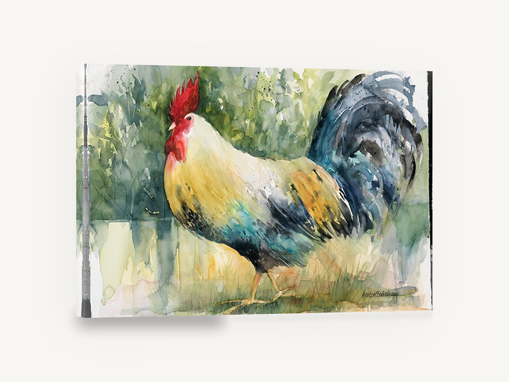 Strutting Rooster Study, rooster watercolour portrait, animal canvas wall art print ready to hang