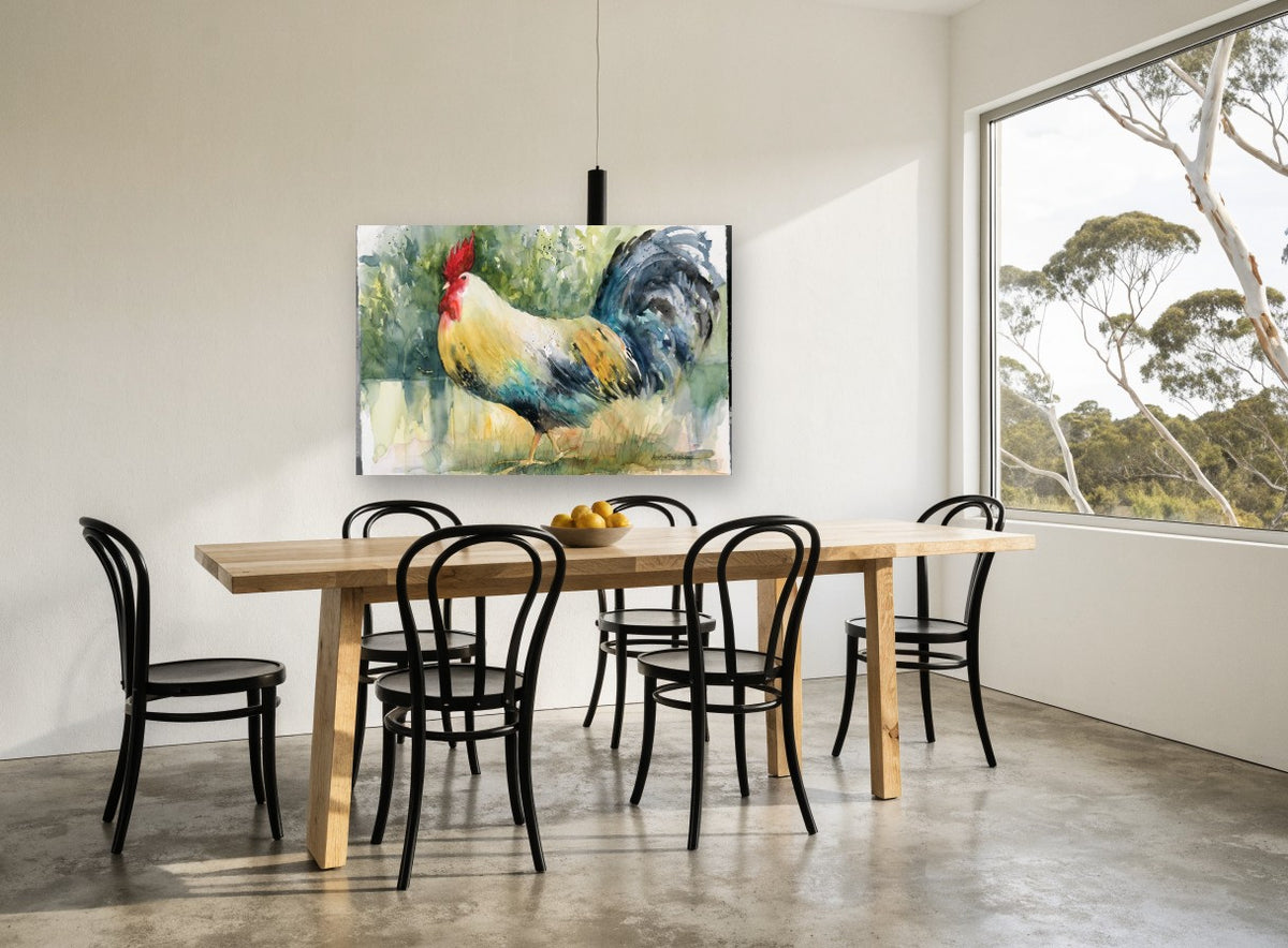 Strutting Rooster Study animal canvas print on the wall of a dining room