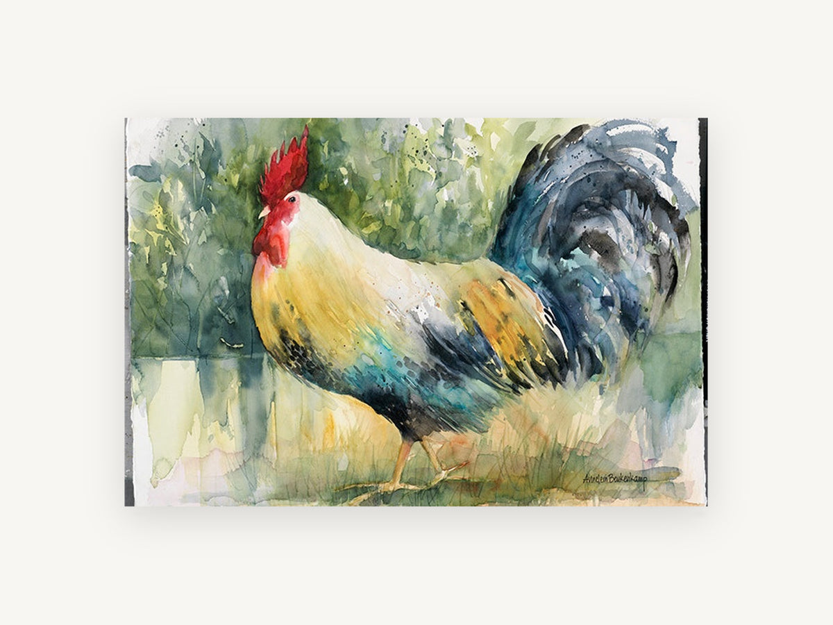 Strutting Rooster Study, rooster watercolour portrait, animal canvas wall art print, front view