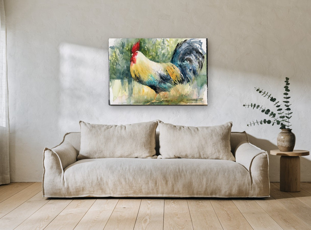 Strutting Rooster Study animal canvas print on the wall of a living room
