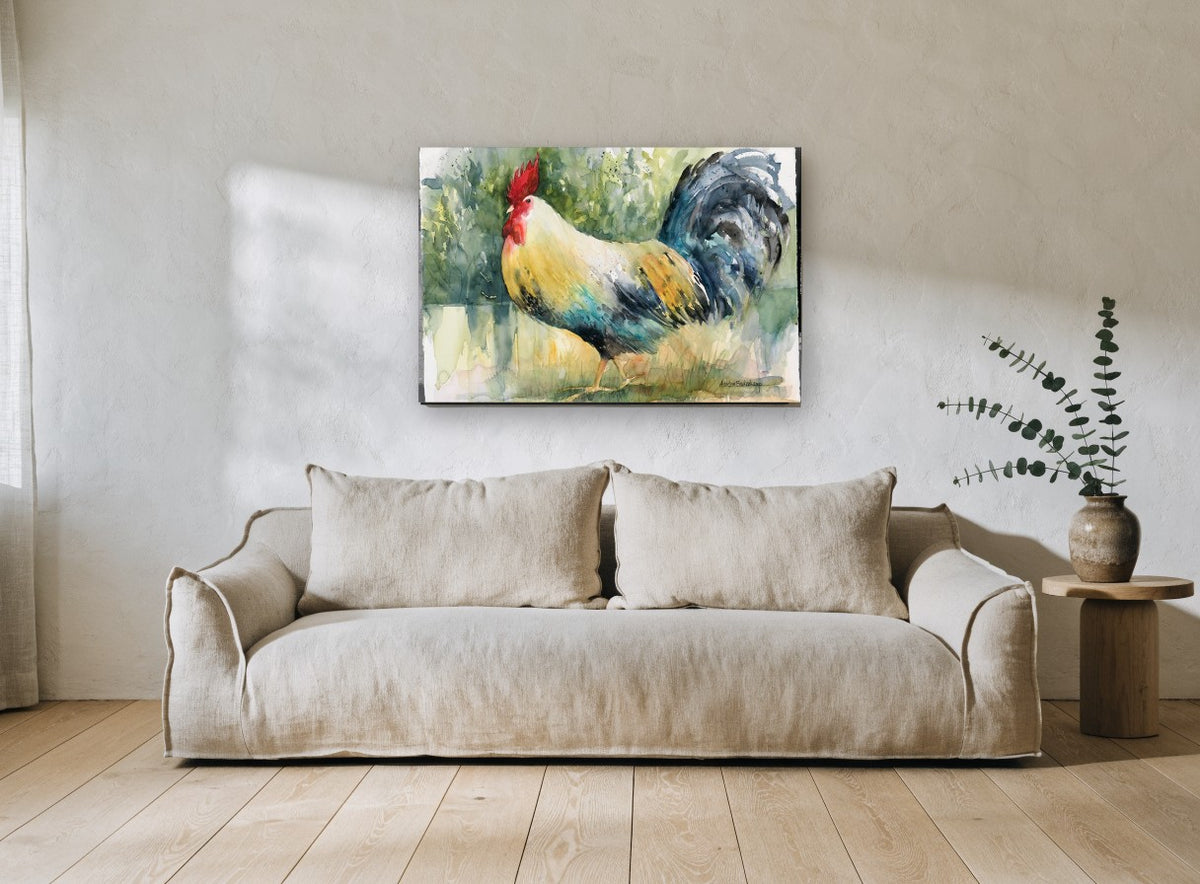 Strutting Rooster Study animal canvas print on the wall of a living room