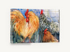 Three Crowns Roosters, rooster and hens watercolour, animal canvas wall art print ready to hang