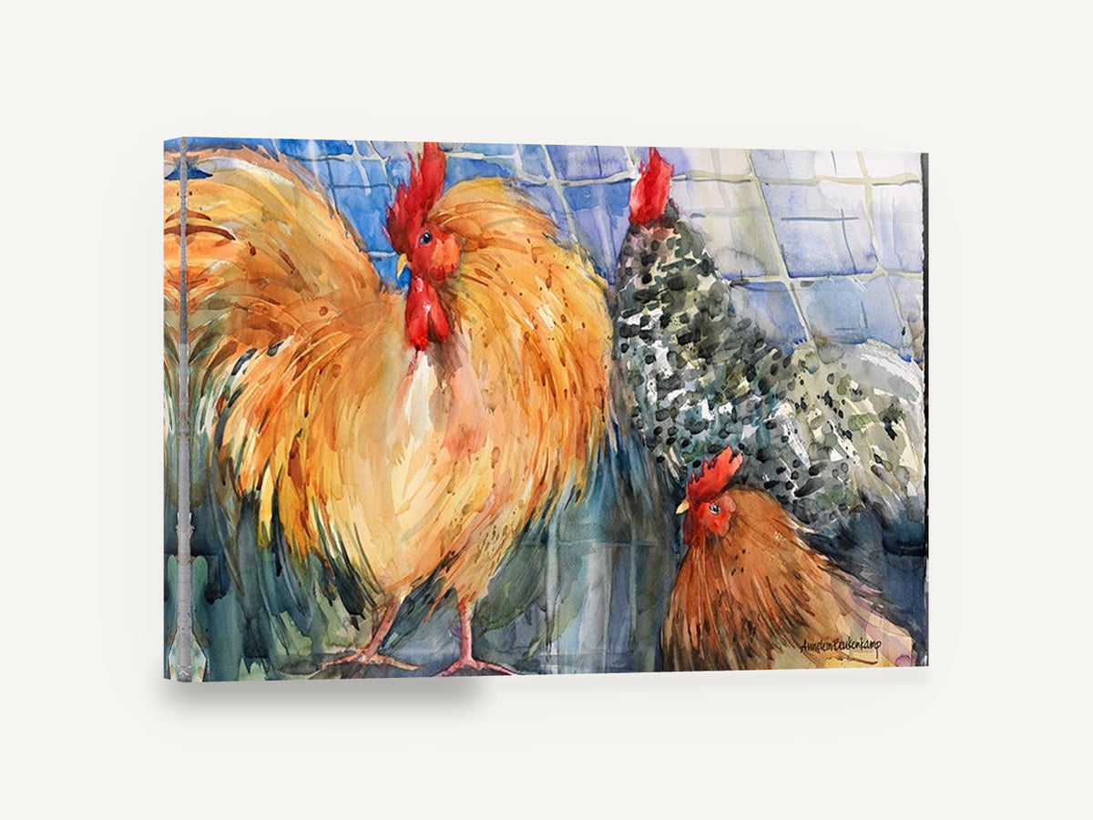 Three Crowns Roosters, rooster and hens watercolour, animal canvas wall art print ready to hang
