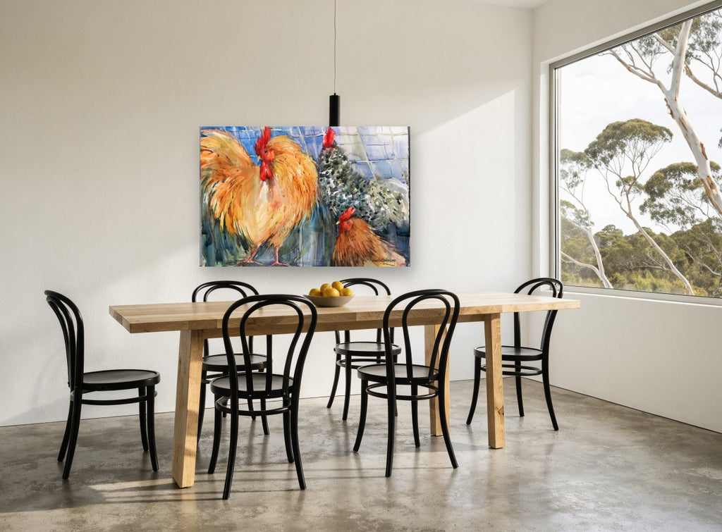 Three Crowns Roosters animal canvas print on the wall of a dining room