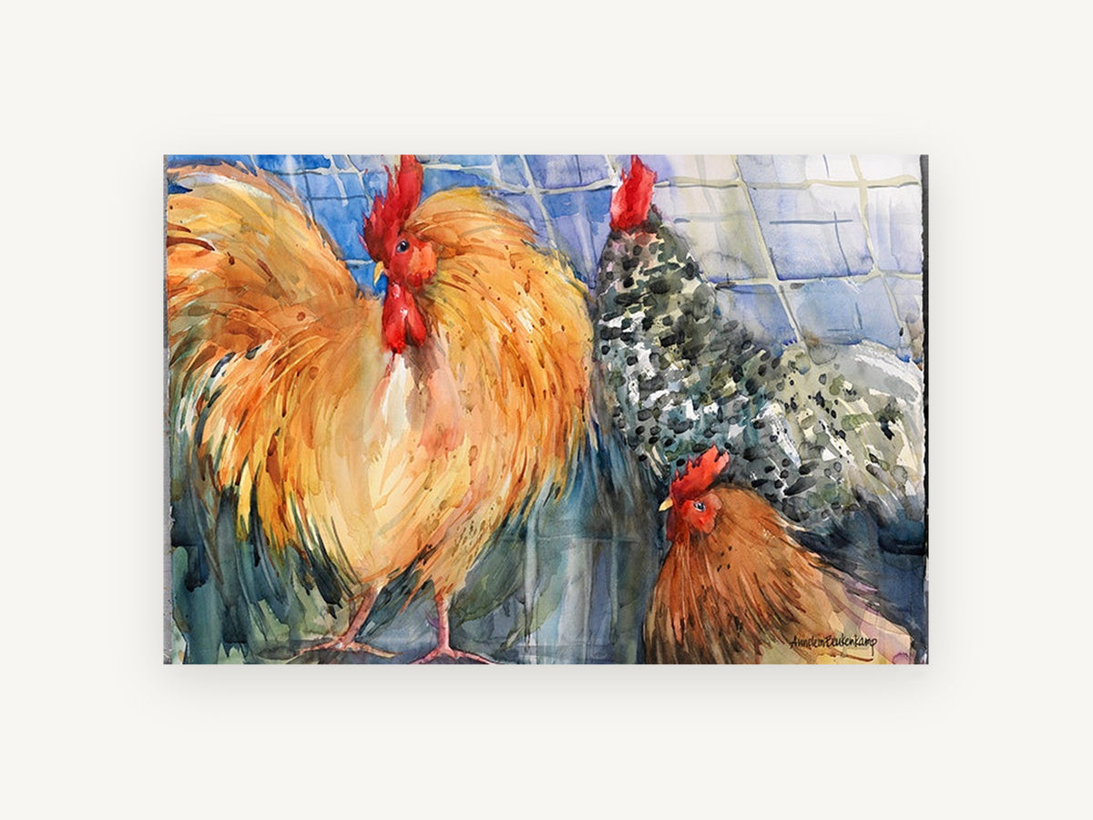 Three Crowns Roosters, rooster and hens watercolour, animal canvas wall art print, front view