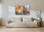 Three Crowns Roosters animal canvas print on the wall of a living room