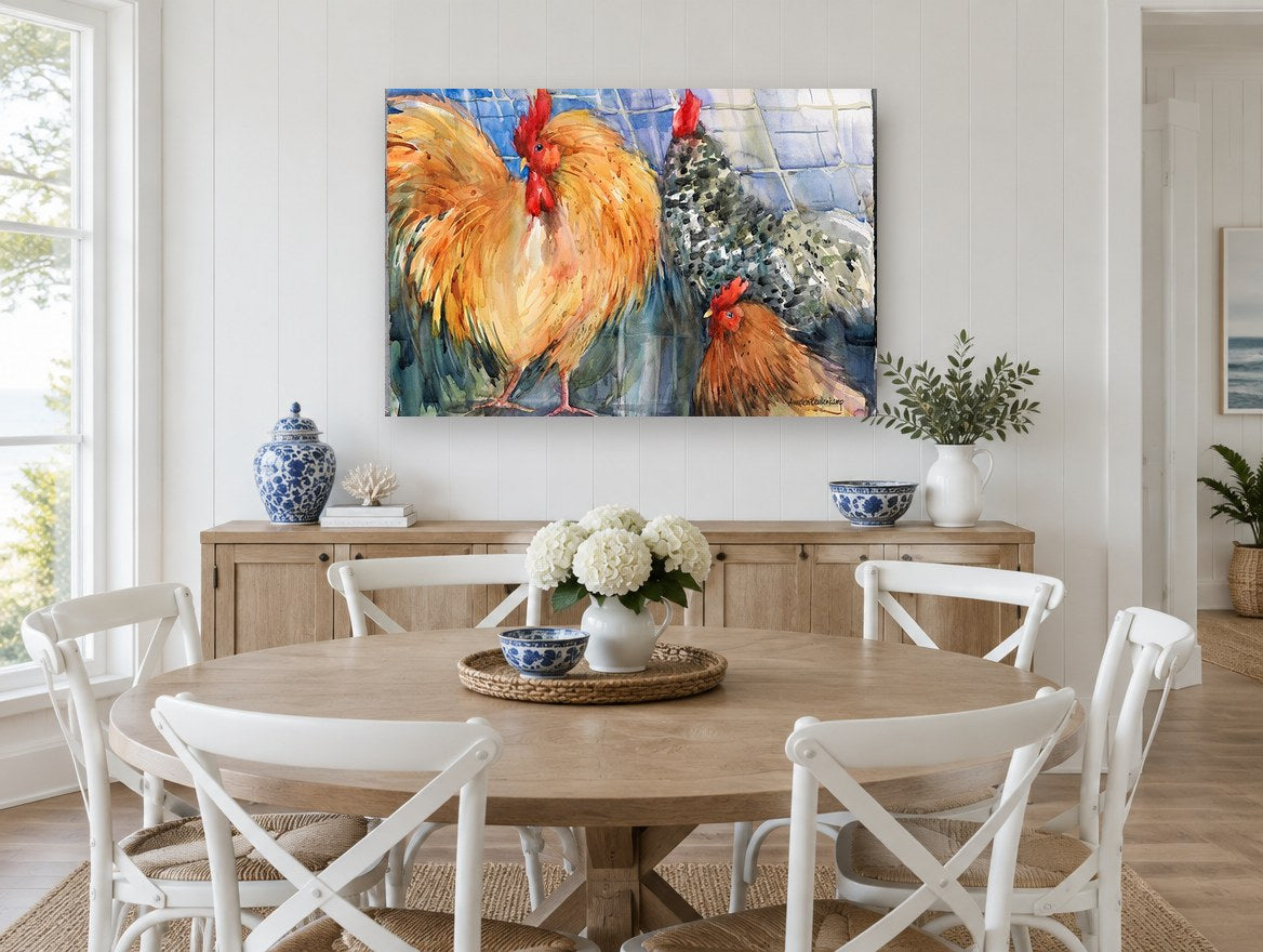 Three Crowns Roosters animal canvas print on the wall of a Hamptons dining room
