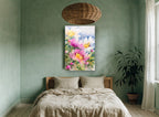 Peony Garden Bloom floral canvas print on the wall of a bedroom
