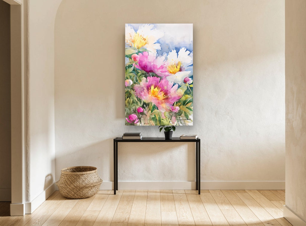 Peony Garden Bloom floral canvas print on the wall of a hallway