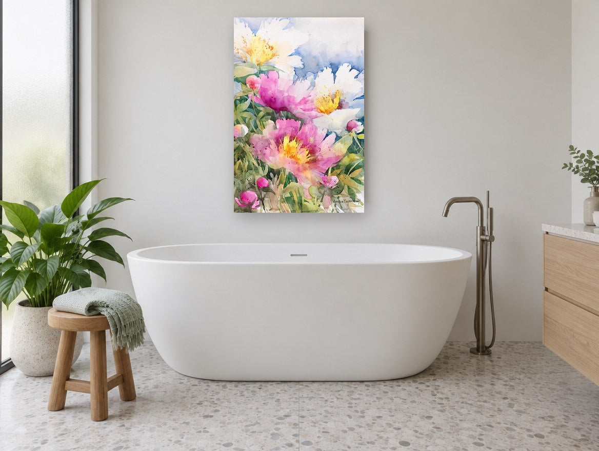 Peony Garden Bloom floral canvas print on the wall of a bathroom