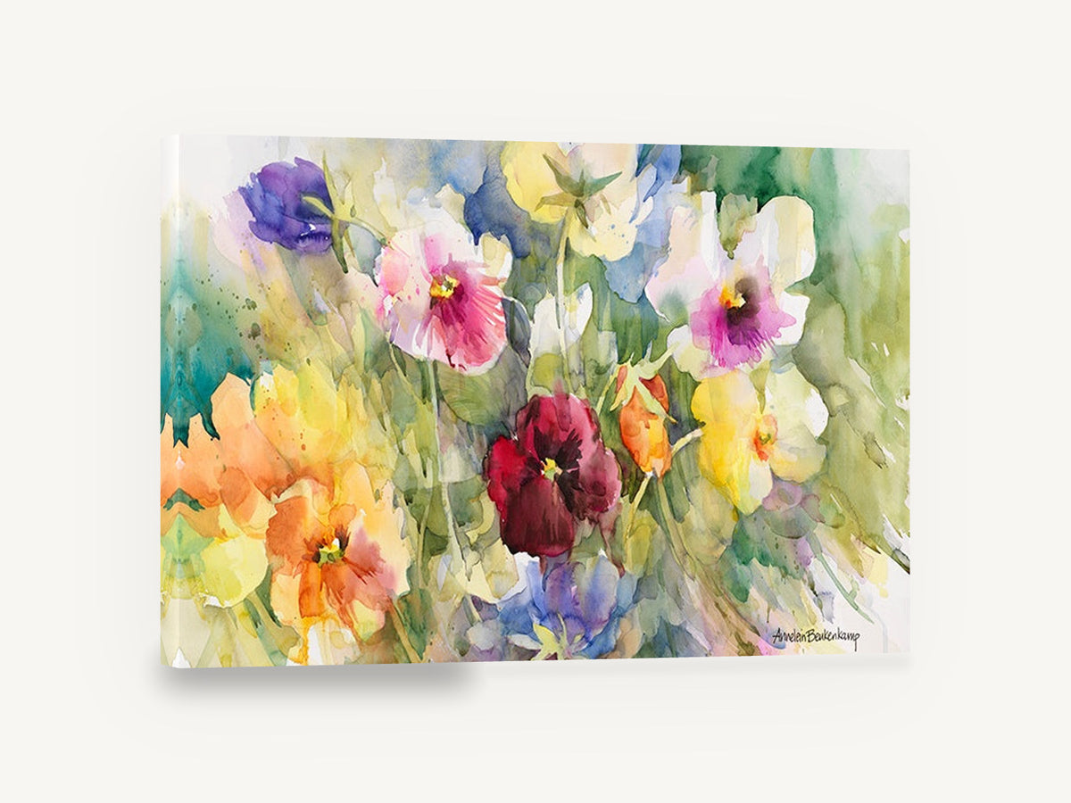Pansy Garden Wash, colourful pansies watercolour floral, floral canvas wall art print ready to hang