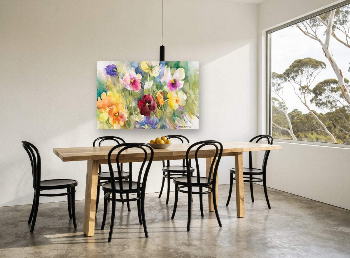Pansy Garden Wash floral canvas print on the wall of a dining room