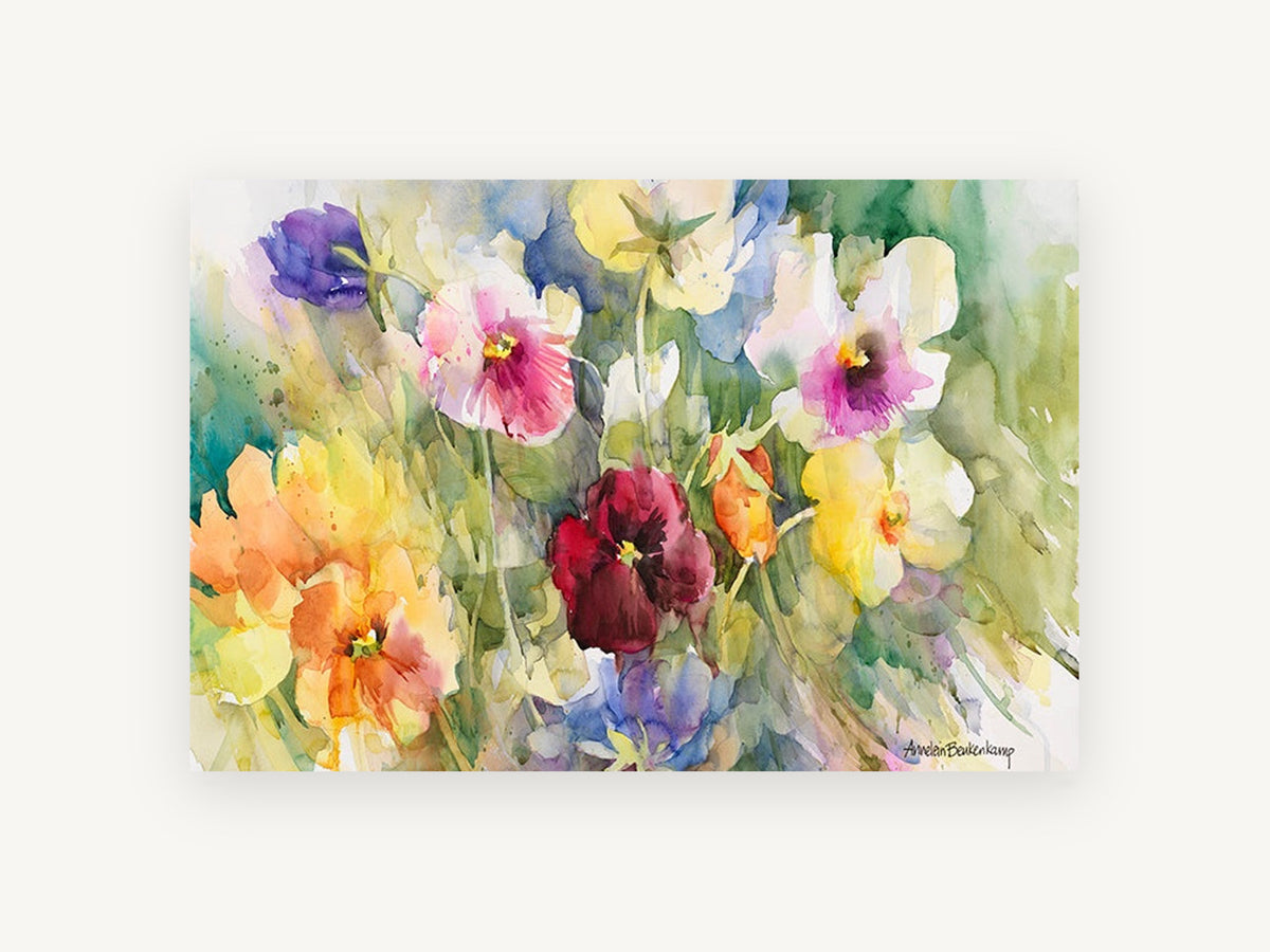 Pansy Garden Wash, floral canvas wall art print, front view