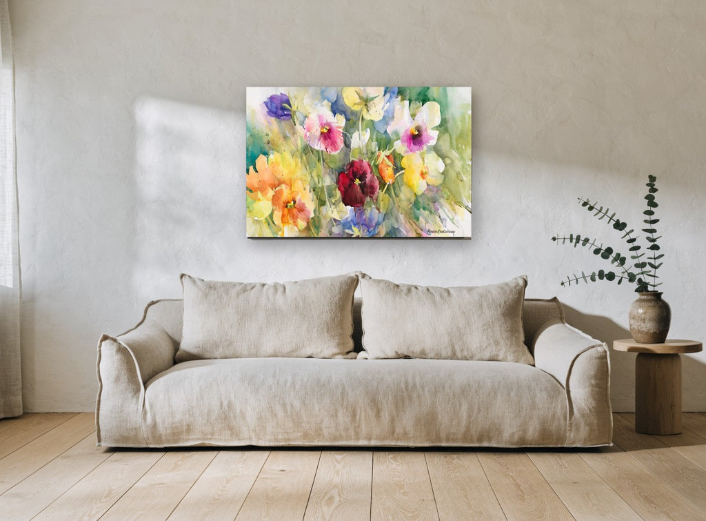 Pansy Garden Wash floral canvas print on the wall of a living room