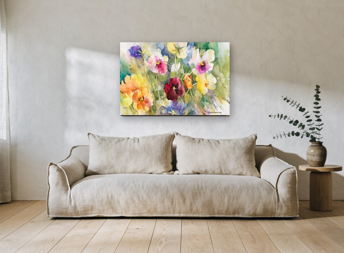 Pansy Garden Wash floral canvas print on the wall of a living room