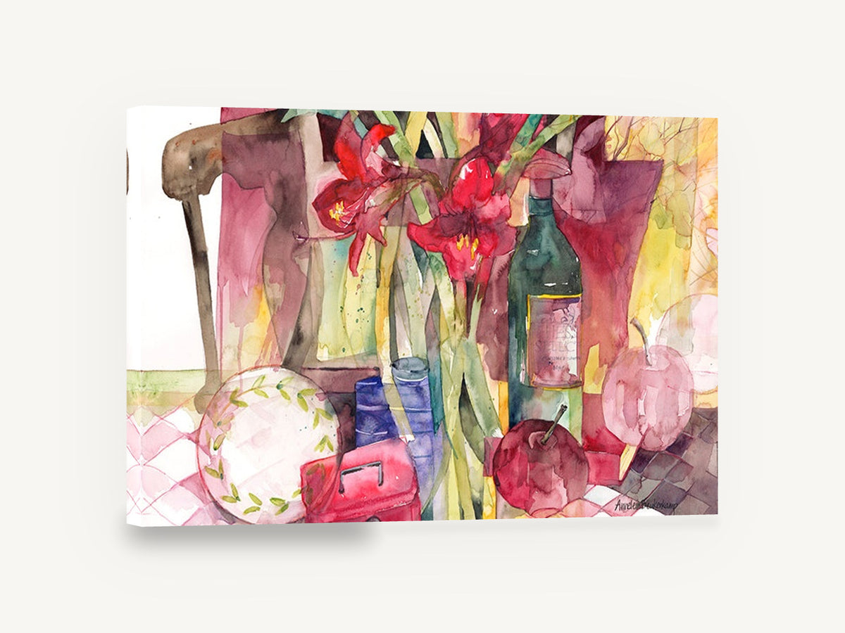 Red Amaryllis Still Life, red amaryllis still life watercolour, floral canvas wall art print ready to hang