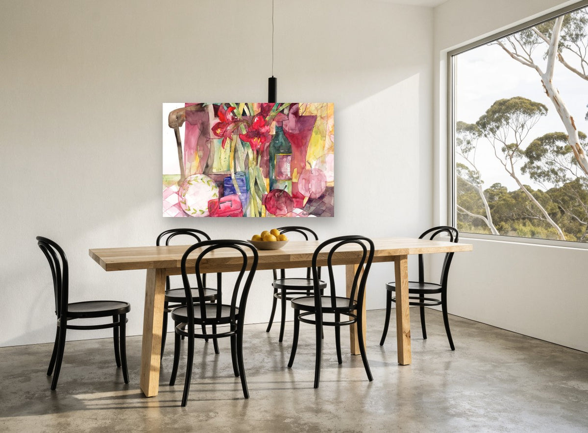 Red Amaryllis Still Life floral canvas print on the wall of a dining room