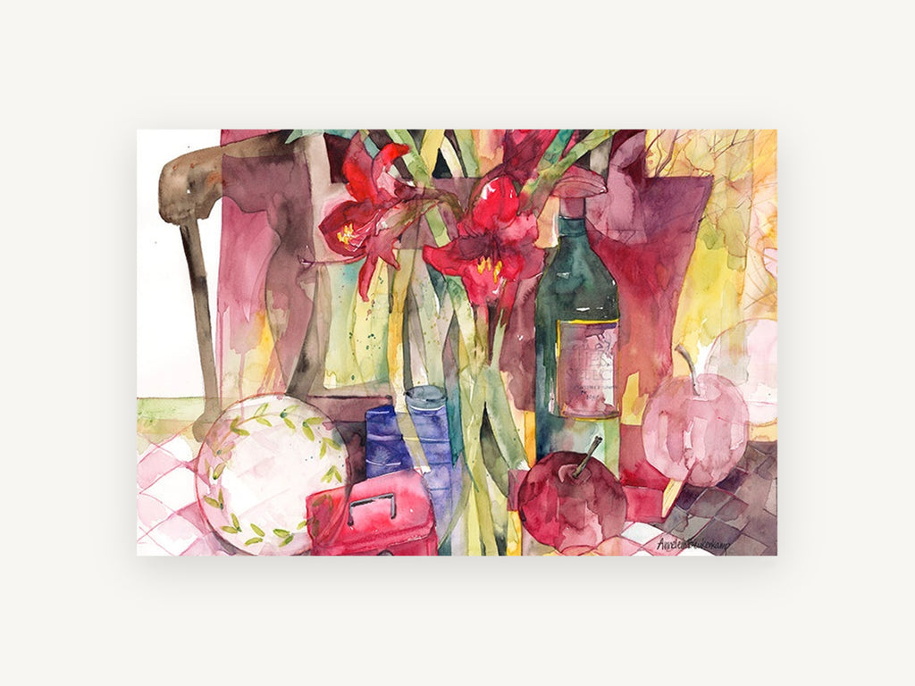 Red Amaryllis Still Life, floral canvas wall art print, front view