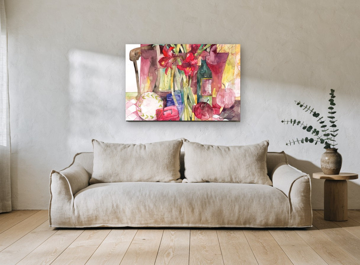 Red Amaryllis Still Life floral canvas print on the wall of a living room