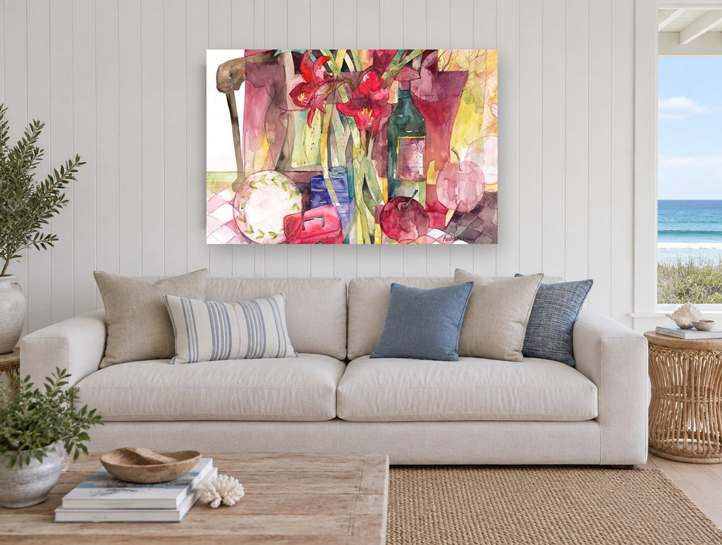 Red Amaryllis Still Life floral canvas print on the wall of a beach house living room