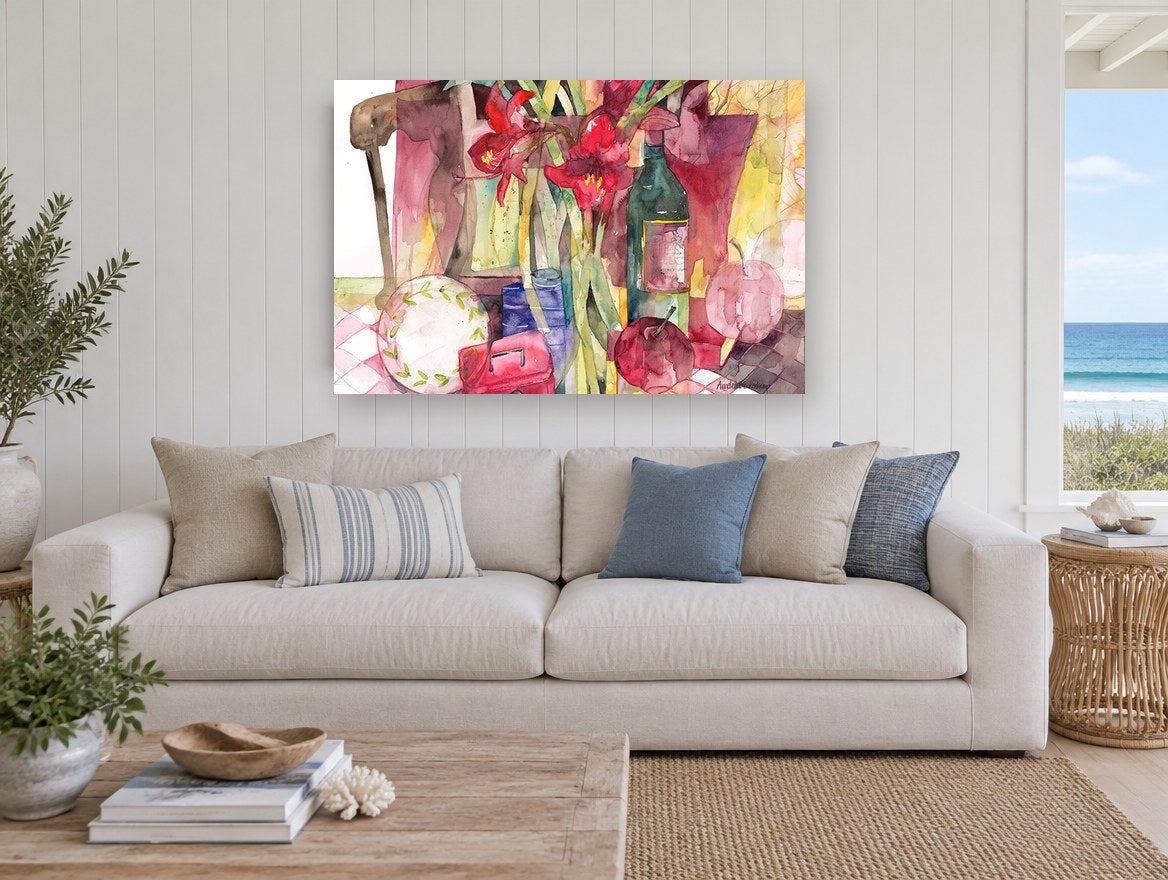 Red Amaryllis Still Life floral canvas print on the wall of a beach house living room