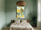 Yellow Bouquet and Bottle floral canvas print on the wall of a bedroom
