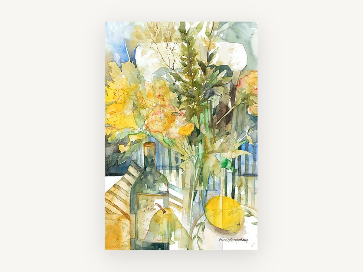 Yellow Bouquet and Bottle, floral canvas wall art print, front view