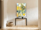 Yellow Bouquet and Bottle floral canvas print on the wall of a hallway