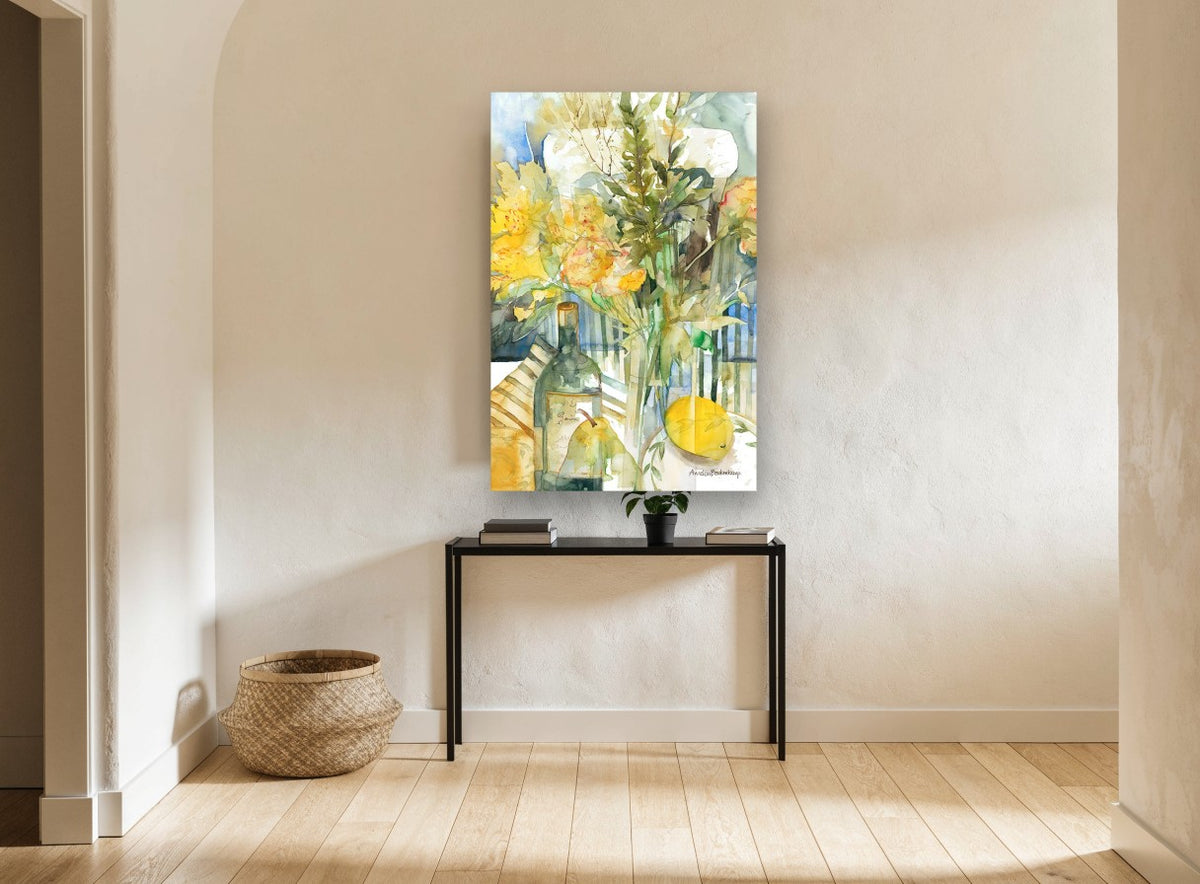 Yellow Bouquet and Bottle floral canvas print on the wall of a hallway
