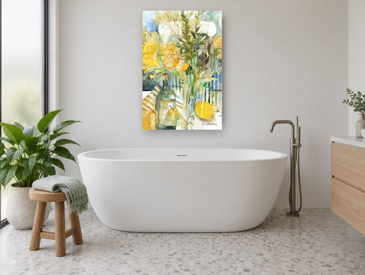 Yellow Bouquet and Bottle floral canvas print on the wall of a bathroom