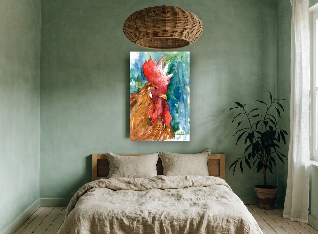Red Comb Rooster animal canvas print on the wall of a bedroom