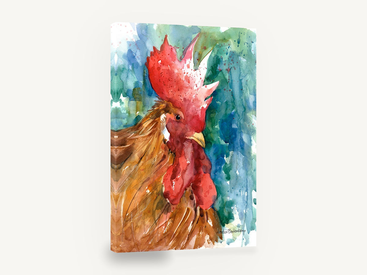 Red Comb Rooster, rooster watercolour portrait, animal canvas wall art print ready to hang