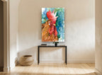 Red Comb Rooster animal canvas print on the wall of a hallway