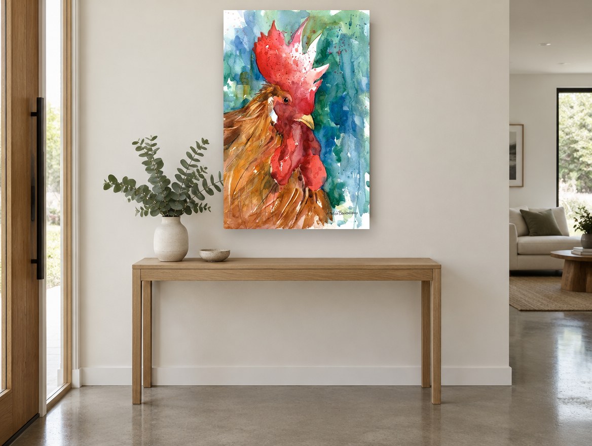 Red Comb Rooster animal canvas print on the wall of a entry hall