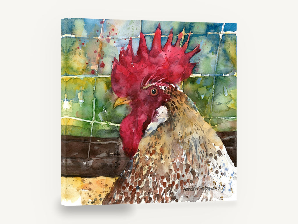 Rooster in Profile, rooster profile watercolour portrait, animal canvas wall art print ready to hang