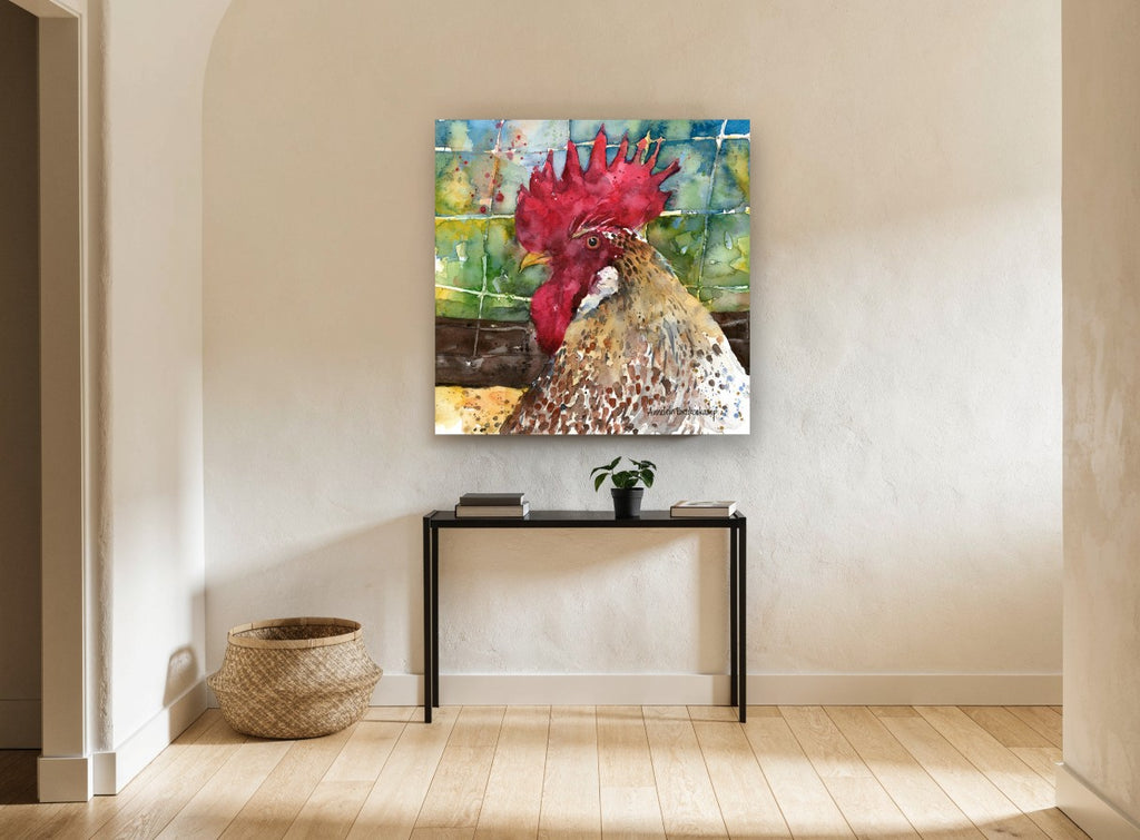 Rooster in Profile animal canvas print on the wall of a hallway