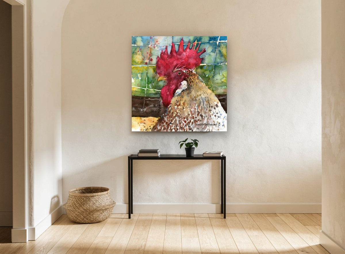 Rooster in Profile animal canvas print on the wall of a hallway