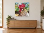 Rooster in Profile animal canvas print on the wall of a living room above a sideboard