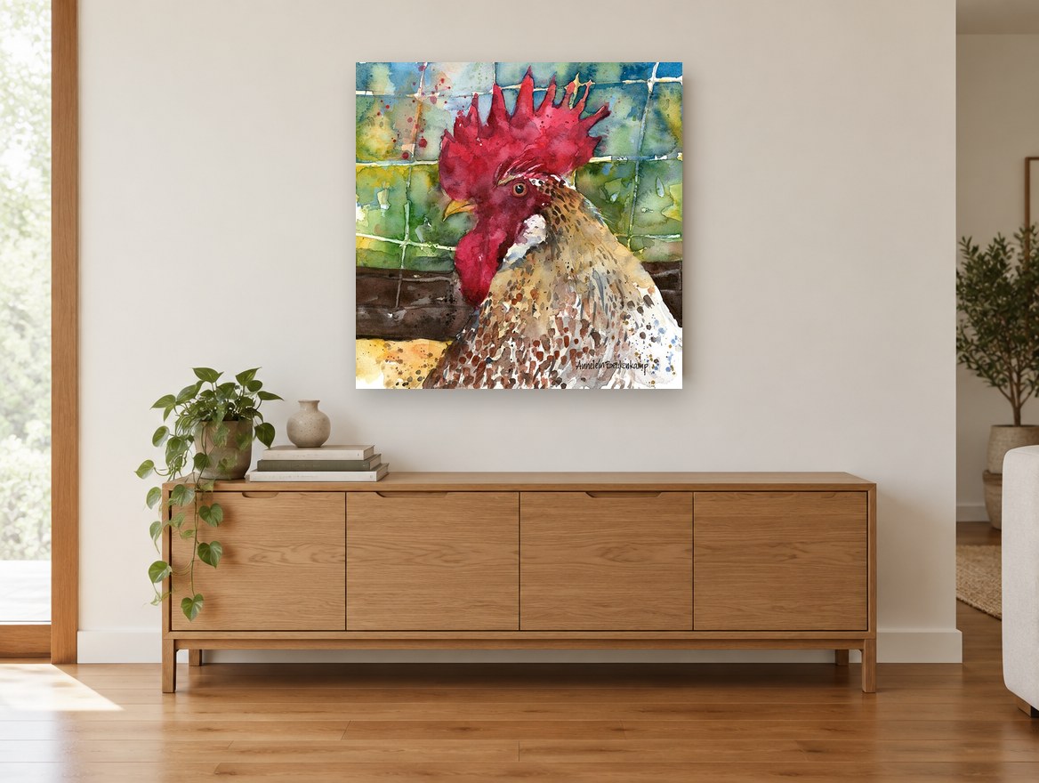 Rooster in Profile animal canvas print on the wall of a living room above a sideboard