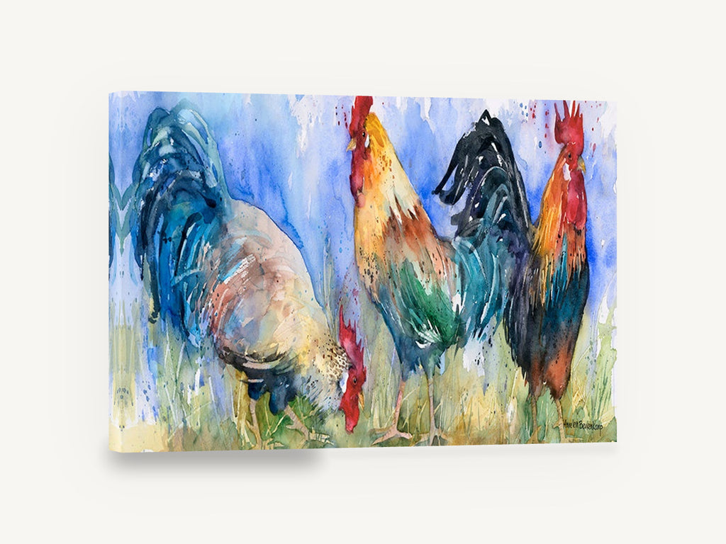 Three Roosters Trio, rooster trio watercolour, animal canvas wall art print ready to hang