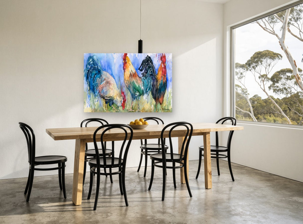 Three Roosters Trio animal canvas print on the wall of a dining room