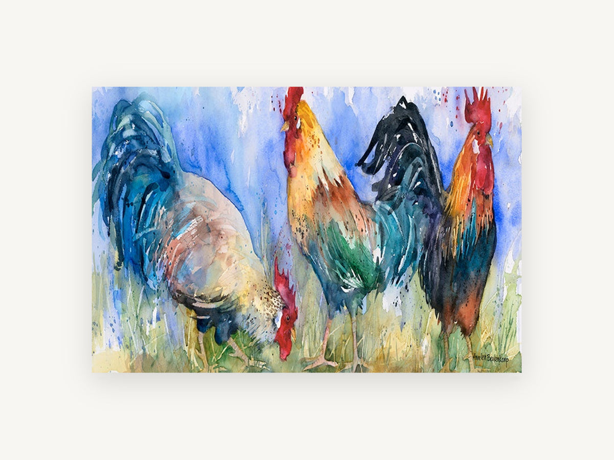Three Roosters Trio, rooster trio watercolour, animal canvas wall art print, front view