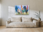 Three Roosters Trio animal canvas print on the wall of a living room