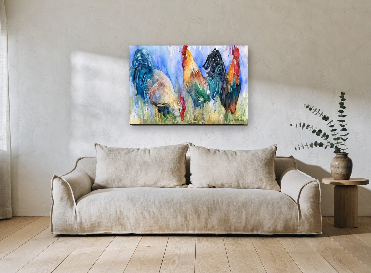 Three Roosters Trio animal canvas print on the wall of a living room