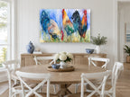 Three Roosters Trio animal canvas print on the wall of a Hamptons dining room