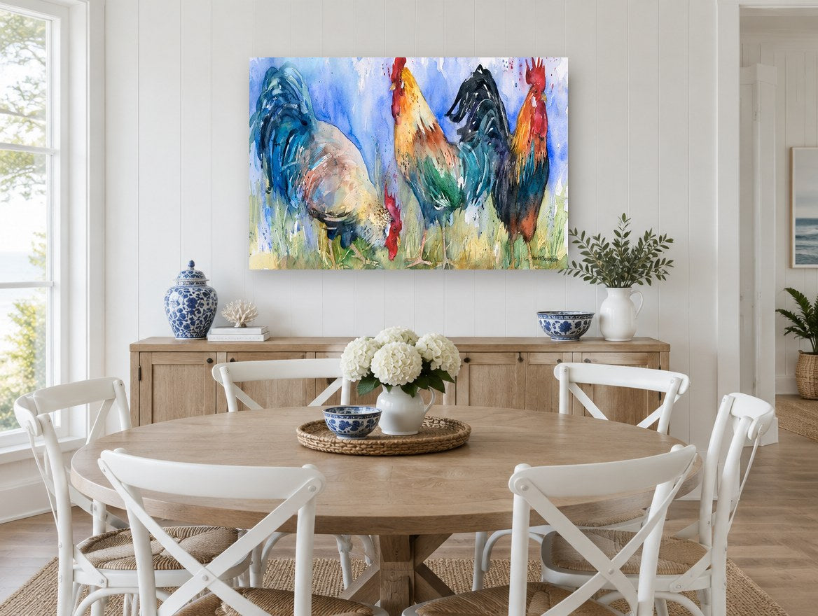 Three Roosters Trio animal canvas print on the wall of a Hamptons dining room