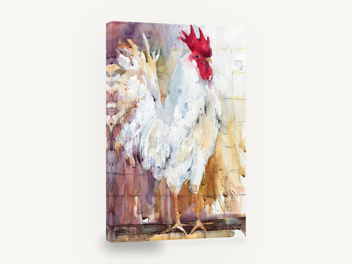 White Rooster Study, white rooster watercolour portrait, animal canvas wall art print ready to hang