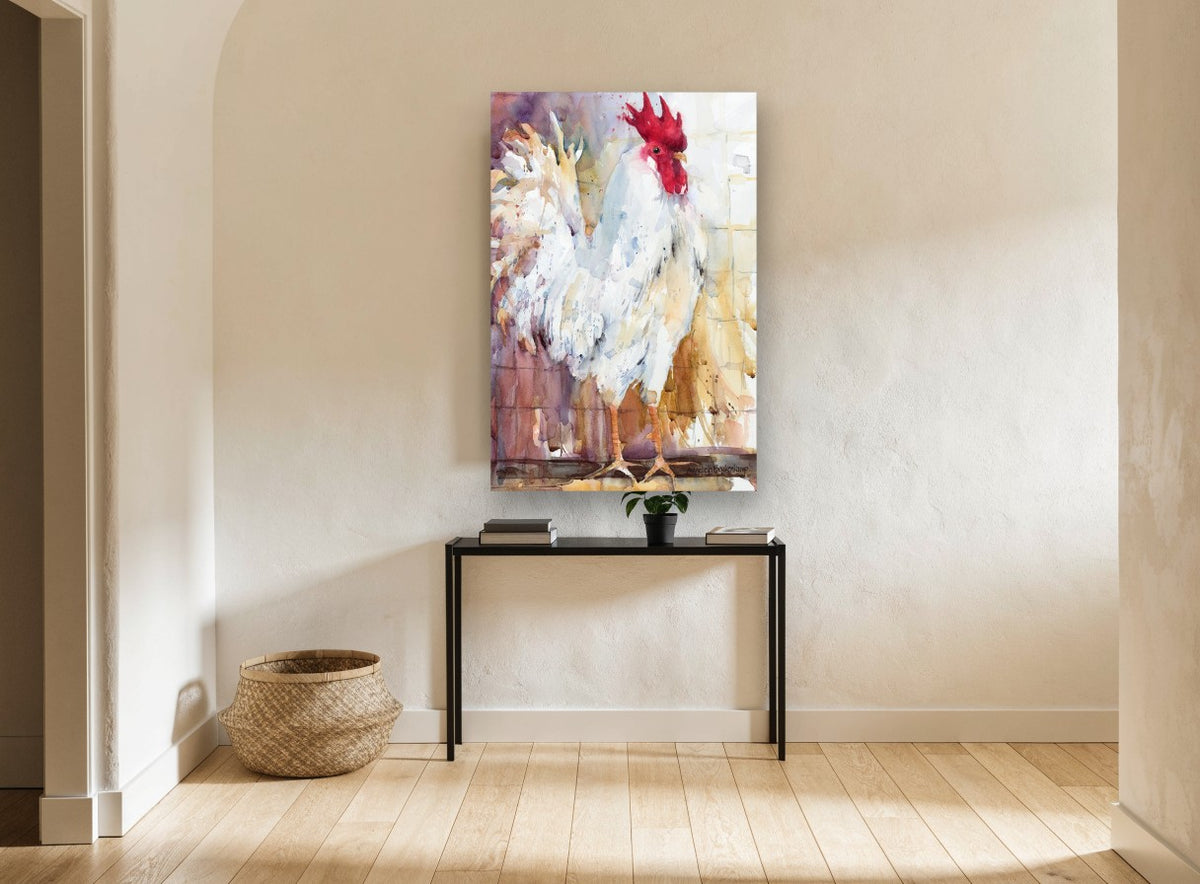 White Rooster Study animal canvas print on the wall of a hallway