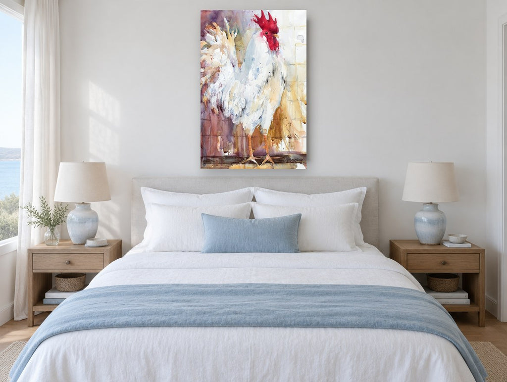 White Rooster Study animal canvas print on the wall of a bedroom